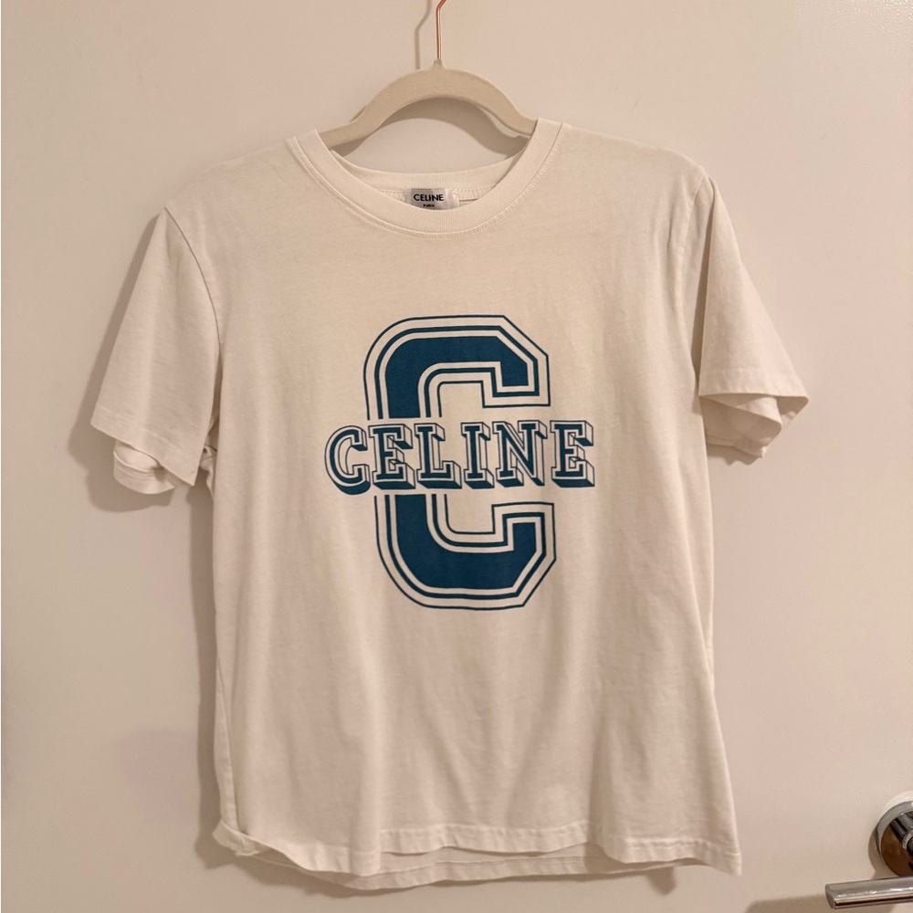 Celine White Tee with Navy Emblem